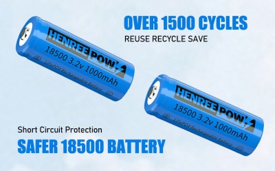 Henreepow 18500 batri rechargeable, 3.2v lifepo4 ityòm batri fosfat 1000mAh pou garaj deyò